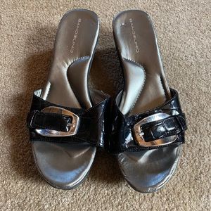 Black Patten Wedge Sandal with Buckle